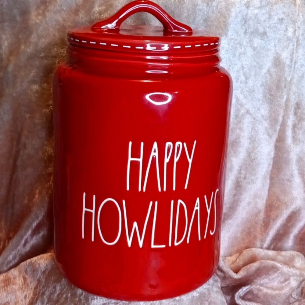 LN RAE DUNN 'HAPPY HOWLIDAYS' LARGE CERAMIC CANISTER RED
